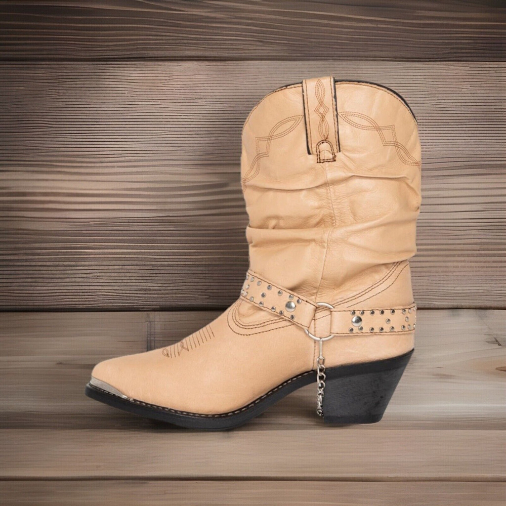 Ladies Shyanne Tan Leather Harness Slouchy Almond Toe Western Boots Size 11
